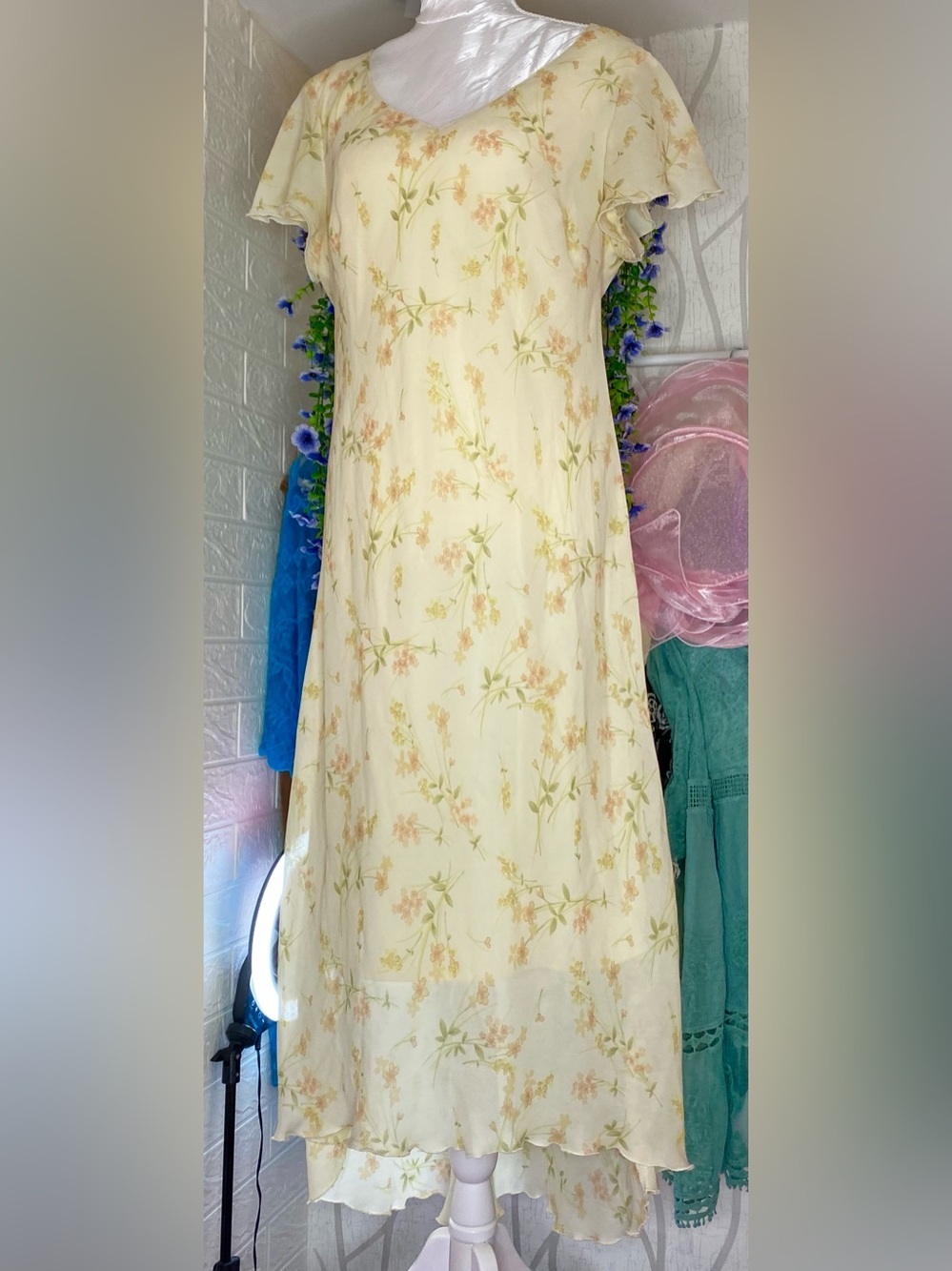 🌷 Amanda Lane 🌷 90s Vintage Yellow Floral Sheer High-Low Dress